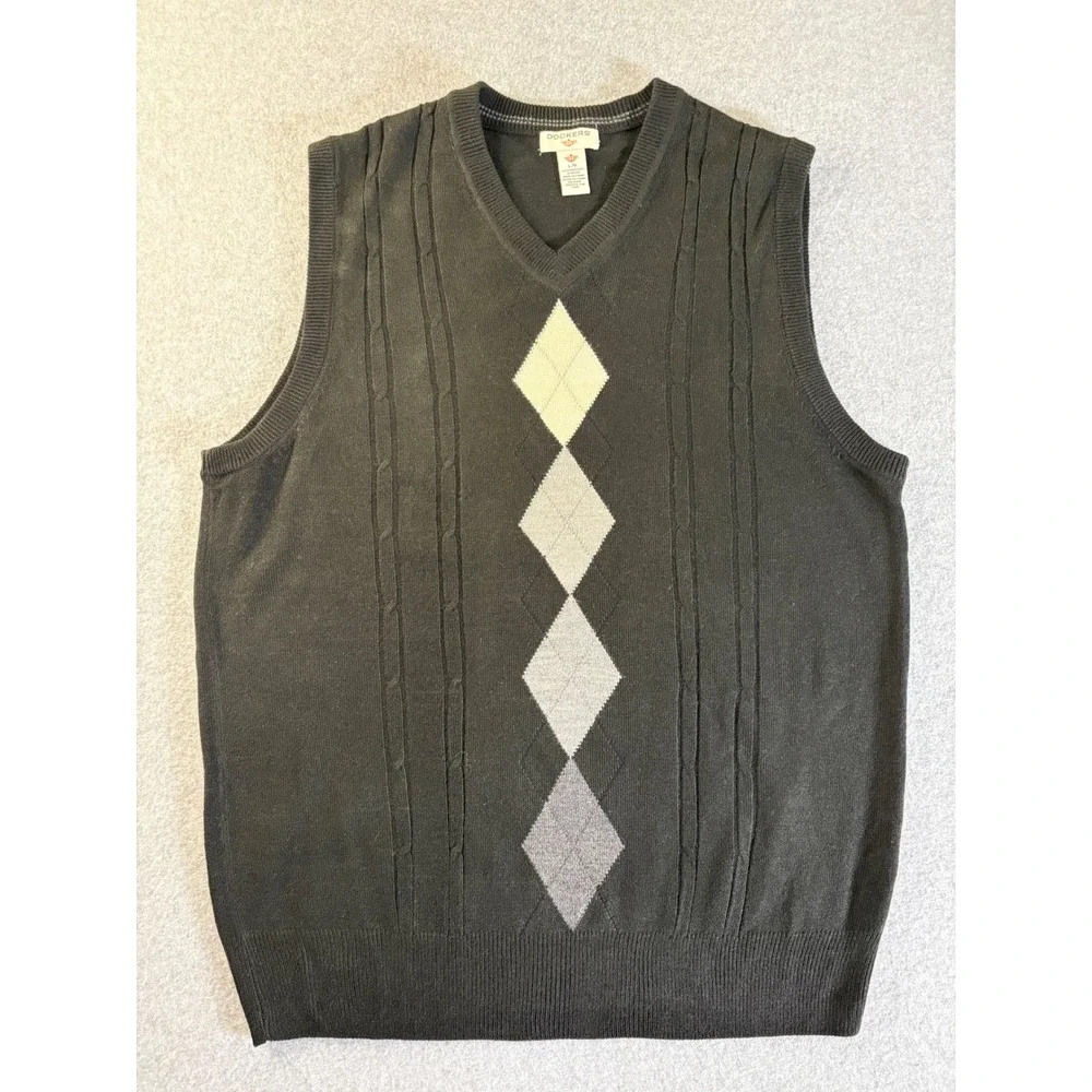 Dockers Mens V-Neck Sweater Vest Gray‎ Textured Knit Sleeveless Pullover Large